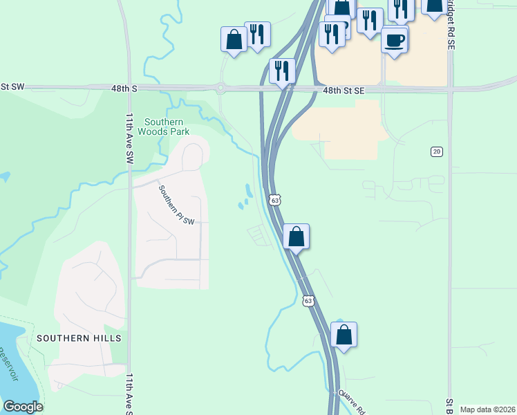 map of restaurants, bars, coffee shops, grocery stores, and more near 5147 Commercial Drive Southwest in Rochester