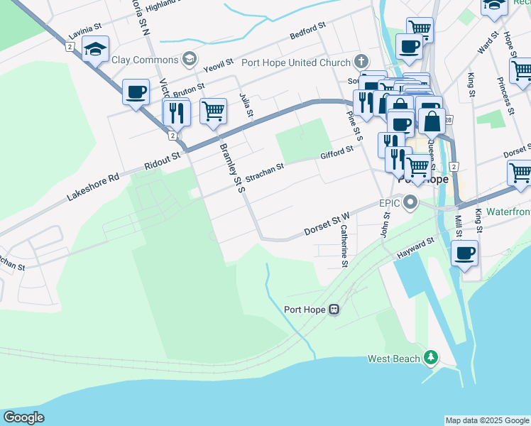 map of restaurants, bars, coffee shops, grocery stores, and more near 32 Durham Street in Port Hope
