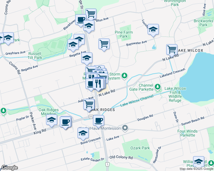 map of restaurants, bars, coffee shops, grocery stores, and more near 56 North Lake Road in Richmond Hill