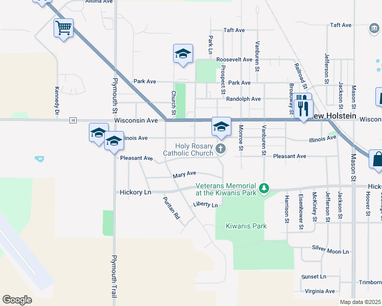 map of restaurants, bars, coffee shops, grocery stores, and more near 2206 Mary Avenue in New Holstein