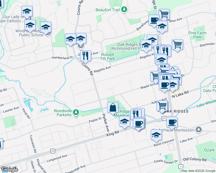 map of restaurants, bars, coffee shops, grocery stores, and more near 128 Carmela Avenue in Richmond Hill