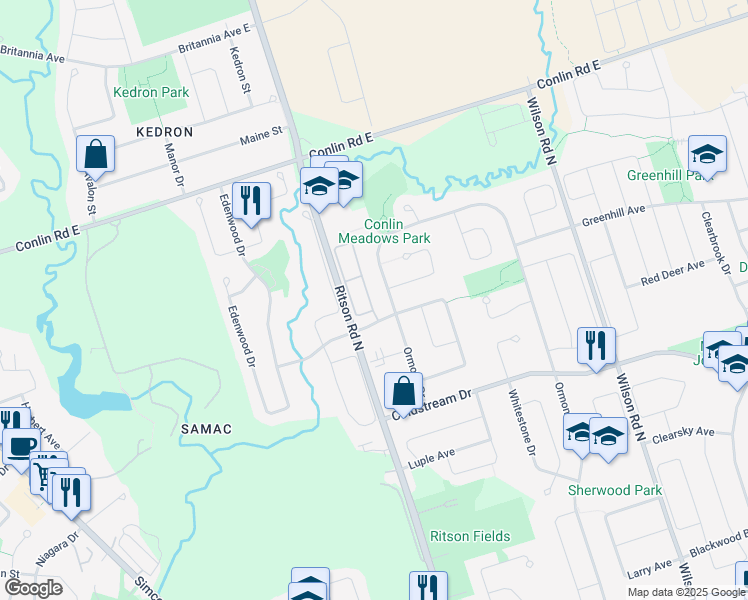 map of restaurants, bars, coffee shops, grocery stores, and more near in Oshawa