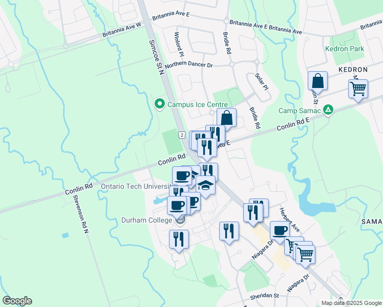 map of restaurants, bars, coffee shops, grocery stores, and more near Simcoe St N & Conlin Rd in Oshawa