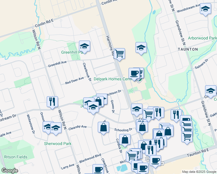 map of restaurants, bars, coffee shops, grocery stores, and more near Wrenwood Drive in Oshawa