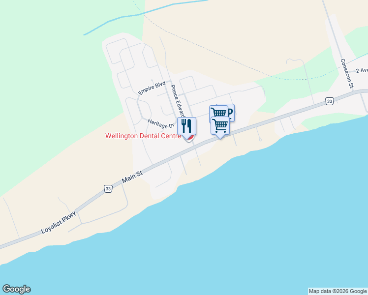 map of restaurants, bars, coffee shops, grocery stores, and more near 504 Main Street in Prince Edward County