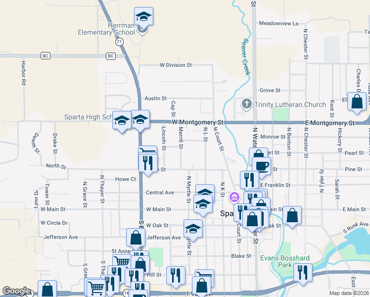 map of restaurants, bars, coffee shops, grocery stores, and more near 502 Merrill Street in Sparta