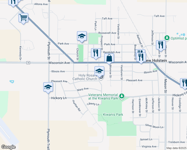 map of restaurants, bars, coffee shops, grocery stores, and more near 2117 Illinois Avenue in New Holstein