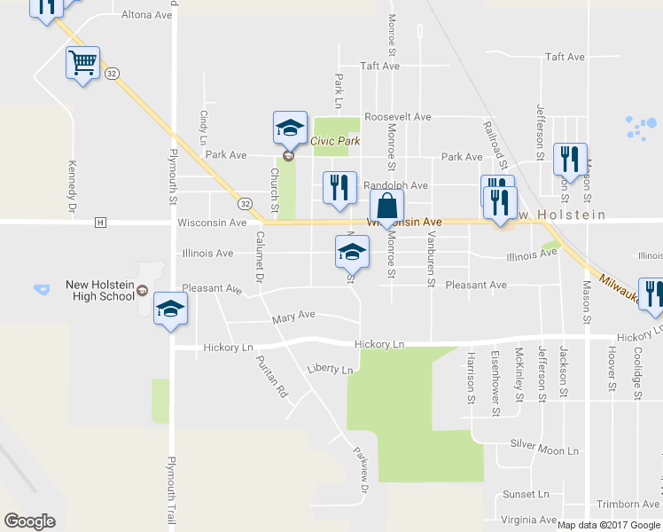 map of restaurants, bars, coffee shops, grocery stores, and more near 2117 Illinois Avenue in New Holstein