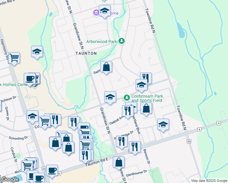 map of restaurants, bars, coffee shops, grocery stores, and more near Spencely Drive in Oshawa