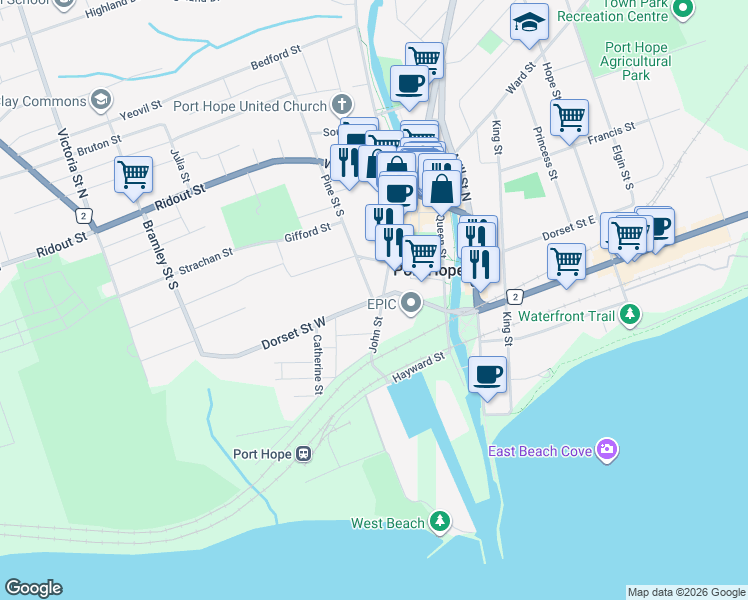 map of restaurants, bars, coffee shops, grocery stores, and more near 45 Dorset Street West in Port Hope