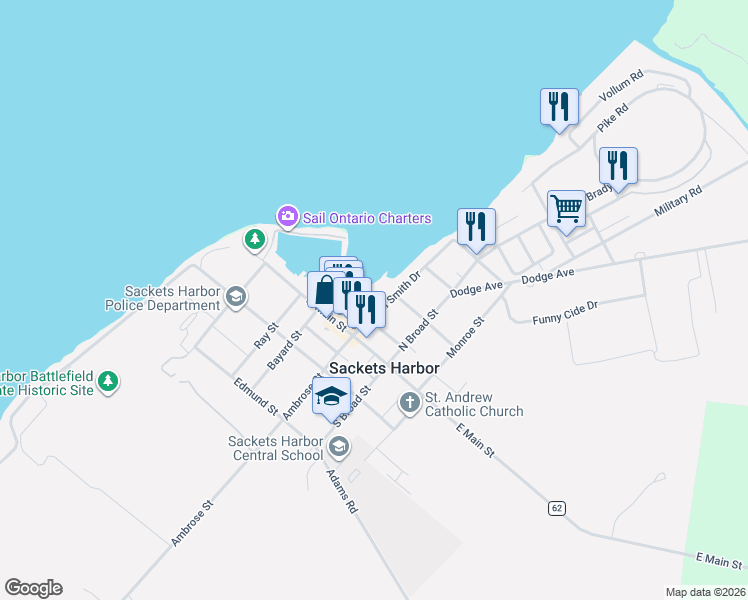map of restaurants, bars, coffee shops, grocery stores, and more near 207 General Smith Drive in Sackets Harbor