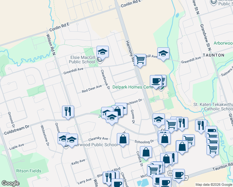 map of restaurants, bars, coffee shops, grocery stores, and more near 813 Groveland Avenue in Oshawa