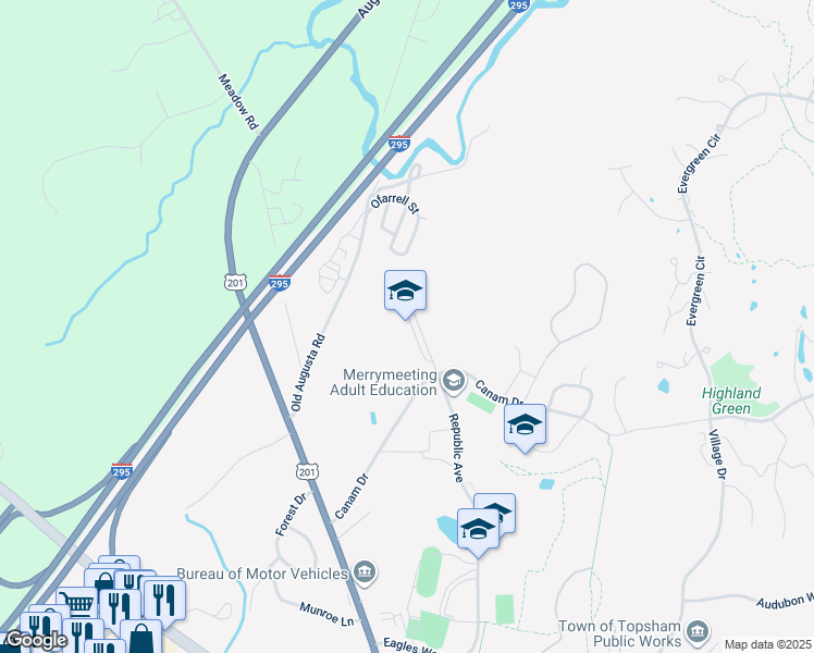 map of restaurants, bars, coffee shops, grocery stores, and more near 66 Republic Avenue in Topsham