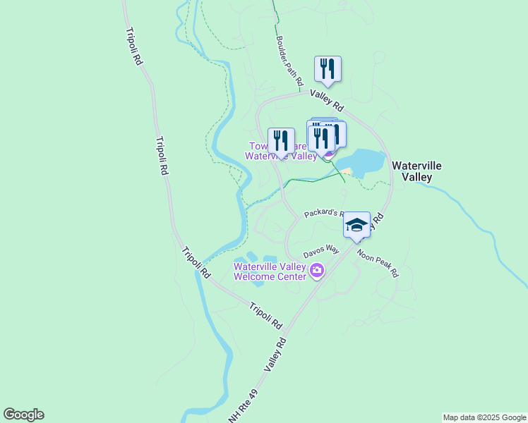 map of restaurants, bars, coffee shops, grocery stores, and more near 21 Mountain Brook Way in Waterville Valley