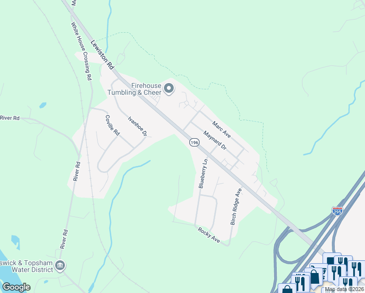 map of restaurants, bars, coffee shops, grocery stores, and more near 304 Lewiston Road in Topsham