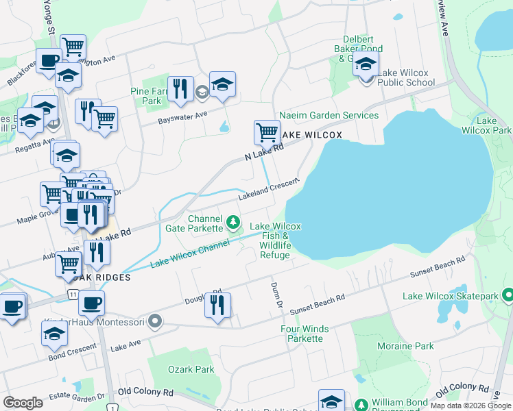 map of restaurants, bars, coffee shops, grocery stores, and more near 56 Sylvan Crescent in Richmond Hill