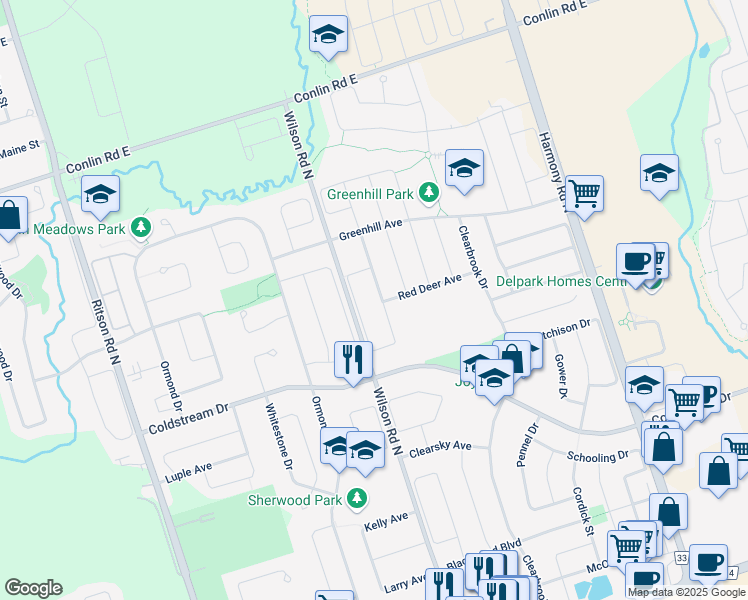map of restaurants, bars, coffee shops, grocery stores, and more near 808 Eagle Ridge Drive in Oshawa