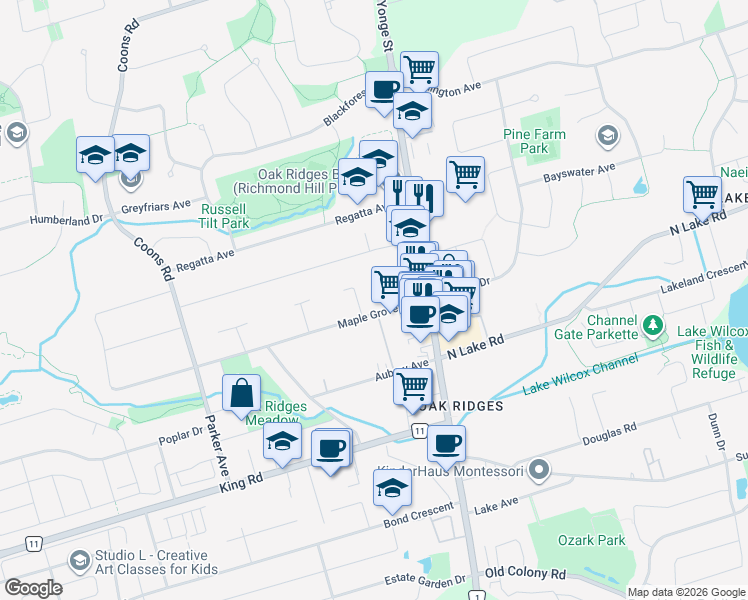 map of restaurants, bars, coffee shops, grocery stores, and more near 10 Maple Grove Avenue in Richmond Hill