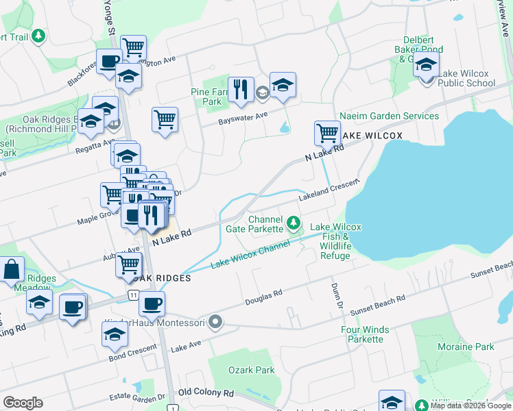 map of restaurants, bars, coffee shops, grocery stores, and more near 28 Lakeland Crescent in Richmond Hill