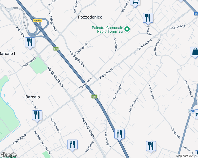 map of restaurants, bars, coffee shops, grocery stores, and more near 147 Viale Apua in Pietrasanta
