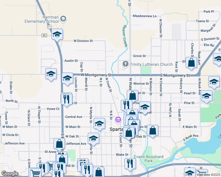 map of restaurants, bars, coffee shops, grocery stores, and more near 410 North Court Street in Sparta