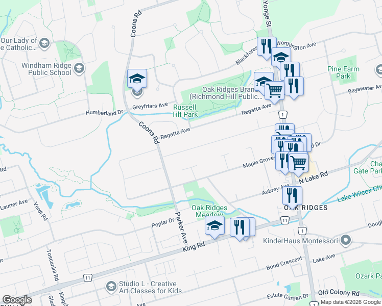 map of restaurants, bars, coffee shops, grocery stores, and more near 69 B Elm Grove Avenue in Richmond Hill