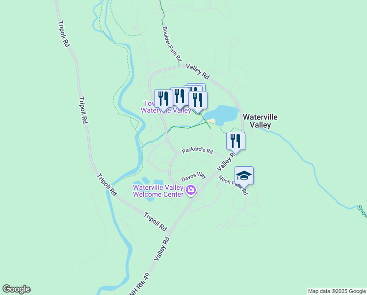 map of restaurants, bars, coffee shops, grocery stores, and more near 56 Packard's Road in Waterville Valley