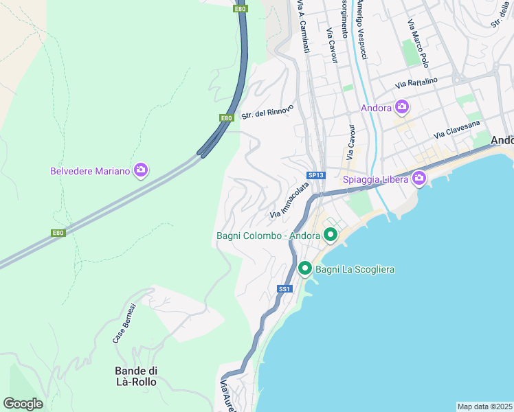 map of restaurants, bars, coffee shops, grocery stores, and more near 34 Via Immacolata in Marina di Andora