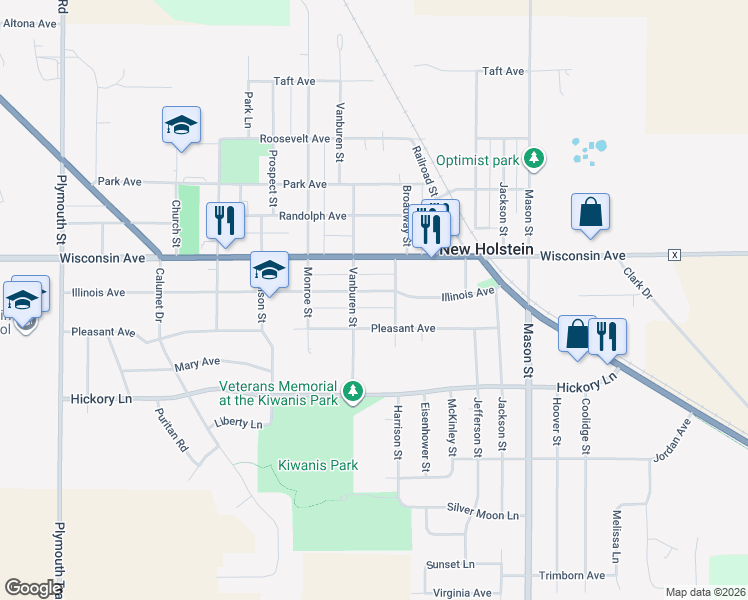 map of restaurants, bars, coffee shops, grocery stores, and more near 1815 Illinois Ave in New Holstein