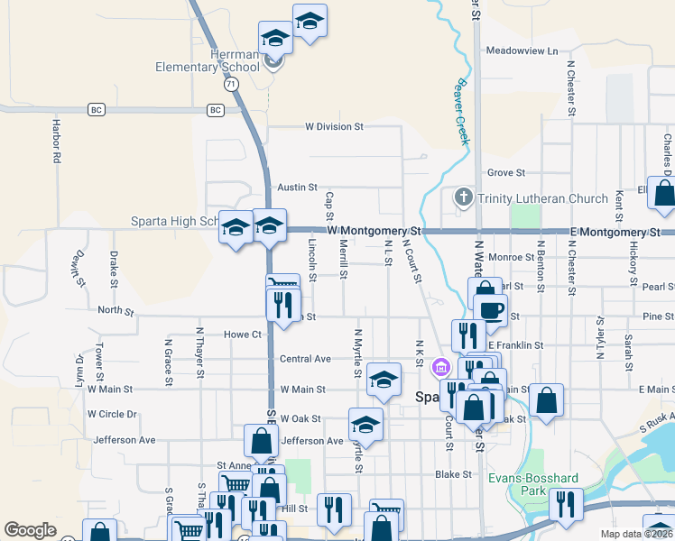 map of restaurants, bars, coffee shops, grocery stores, and more near 502 Merrill Street in Sparta