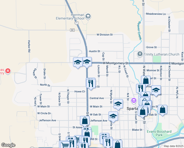 map of restaurants, bars, coffee shops, grocery stores, and more near 429 North Black River Street in Sparta