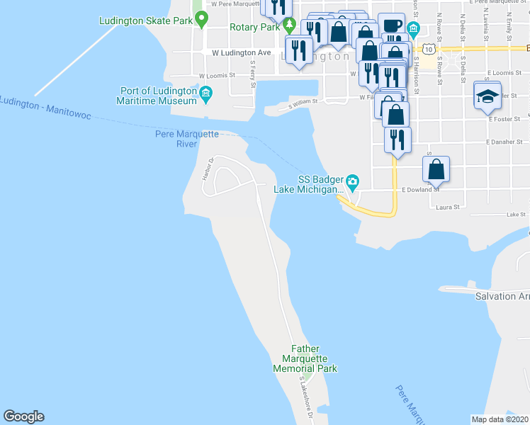 map of restaurants, bars, coffee shops, grocery stores, and more near 86 Harbor Drive in Ludington