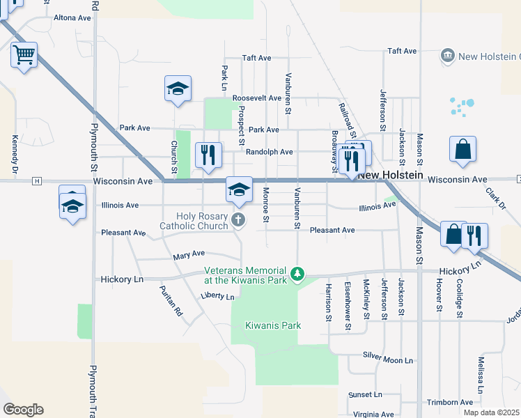 map of restaurants, bars, coffee shops, grocery stores, and more near 1821 Monroe Street in New Holstein