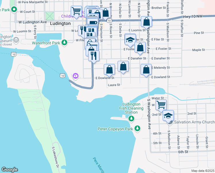 map of restaurants, bars, coffee shops, grocery stores, and more near 202 Laura Street in Ludington