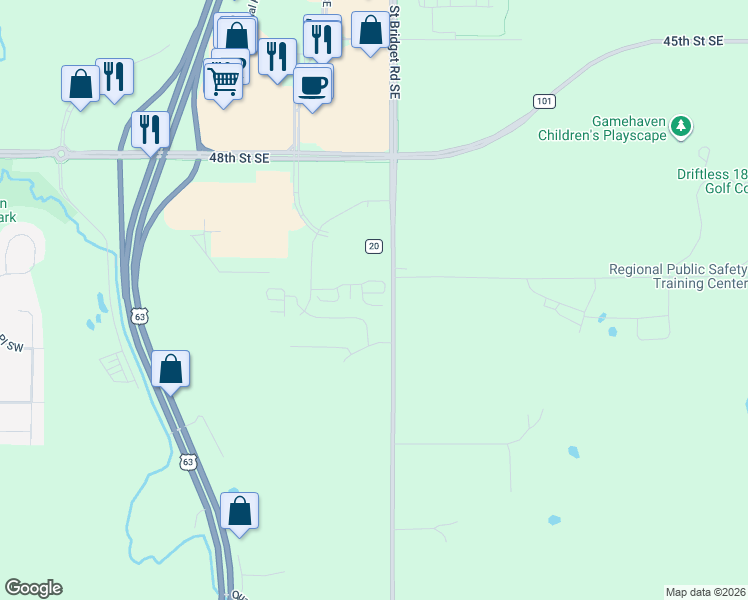 map of restaurants, bars, coffee shops, grocery stores, and more near 5068 Scarlet Lane Southeast in Rochester