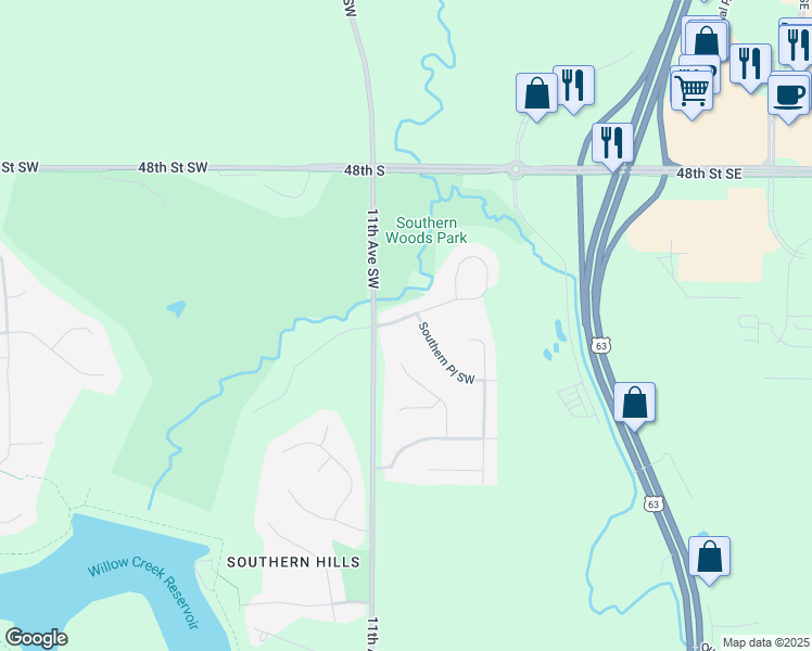map of restaurants, bars, coffee shops, grocery stores, and more near 910 Southern Woods Place Southwest in Rochester