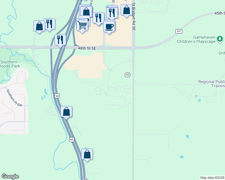 map of restaurants, bars, coffee shops, grocery stores, and more near 5059 Cherrybark Lane Southeast in Rochester