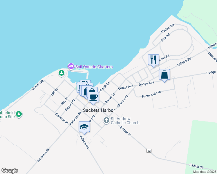 map of restaurants, bars, coffee shops, grocery stores, and more near 310 General Smith Drive in Sackets Harbor