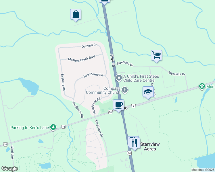 map of restaurants, bars, coffee shops, grocery stores, and more near 23 Hawthorne Road in Orangeville