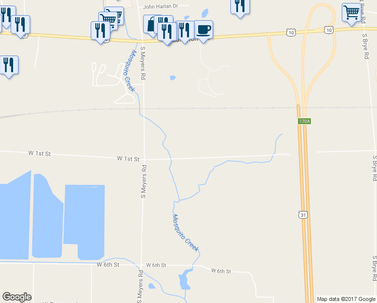 map of restaurants, bars, coffee shops, grocery stores, and more near 4634 West 1st Street in Ludington