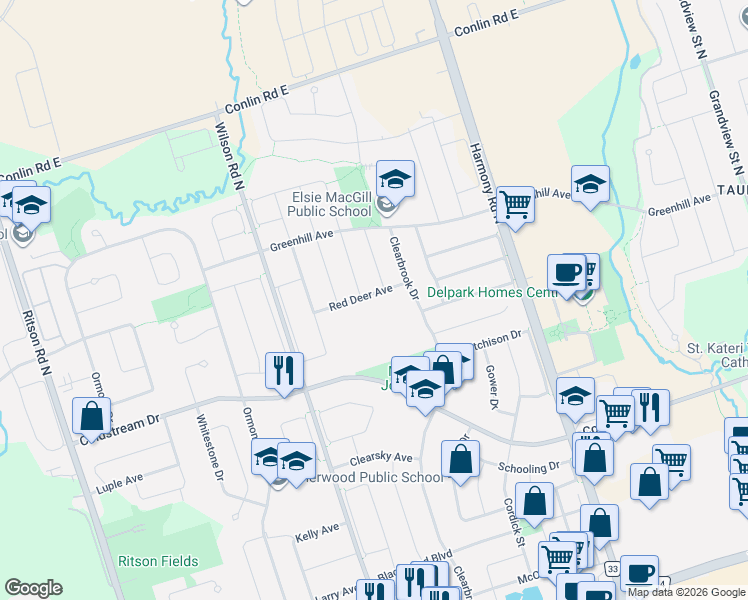 map of restaurants, bars, coffee shops, grocery stores, and more near 933 Red Deer Avenue in Oshawa