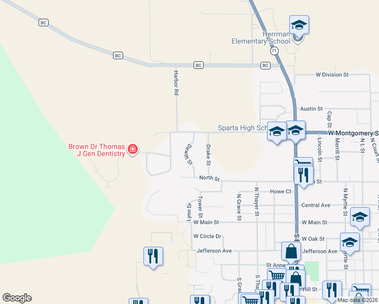 map of restaurants, bars, coffee shops, grocery stores, and more near 475 Dewitt Street in Sparta