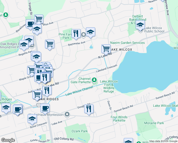 map of restaurants, bars, coffee shops, grocery stores, and more near 66 Lakeland Crescent in Richmond Hill