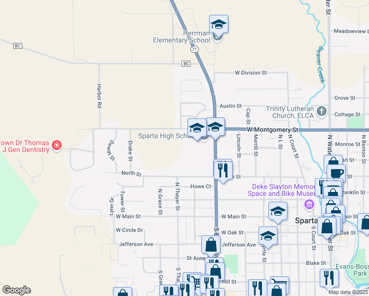 map of restaurants, bars, coffee shops, grocery stores, and more near 506 North Black River Street in Sparta