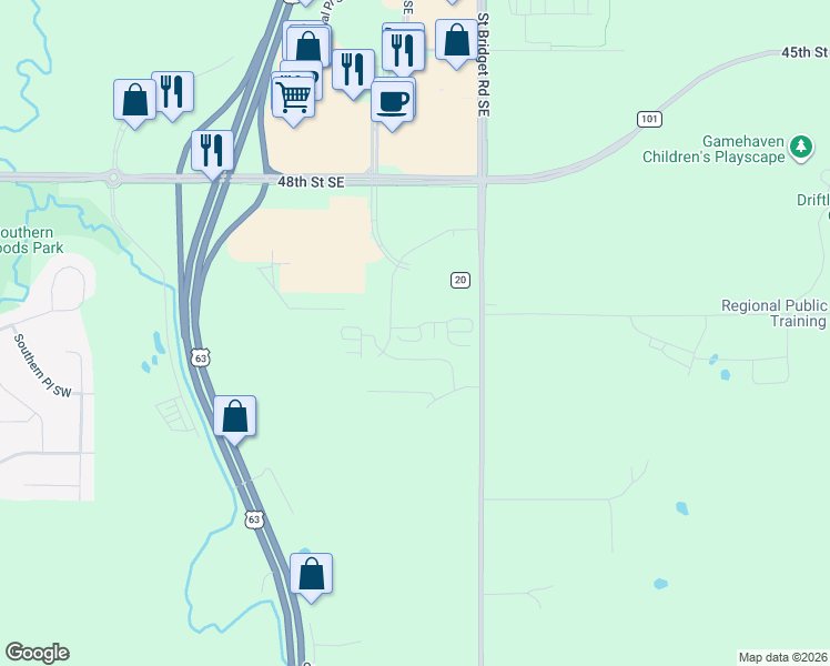 map of restaurants, bars, coffee shops, grocery stores, and more near 5059 Cherrybark Lane Southeast in Rochester