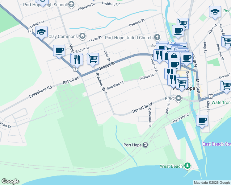map of restaurants, bars, coffee shops, grocery stores, and more near 64 Sherbourne Street in Port Hope
