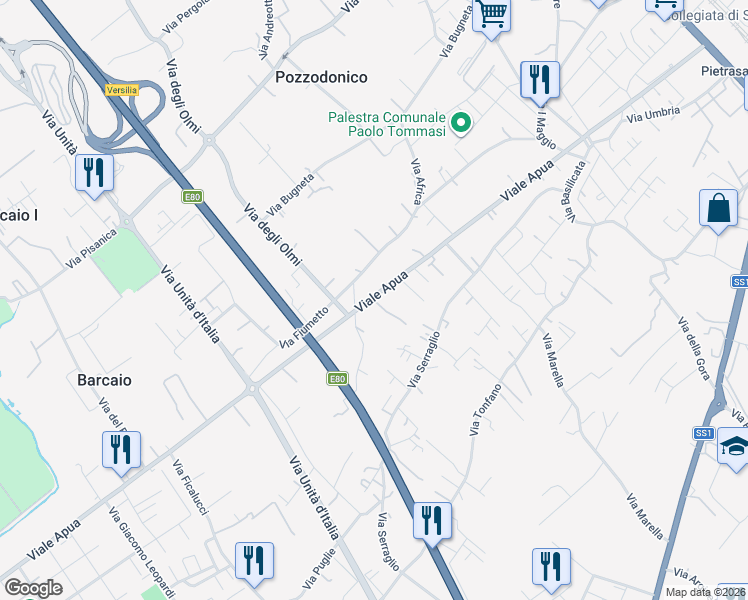 map of restaurants, bars, coffee shops, grocery stores, and more near 147 Viale Apua in Pietrasanta