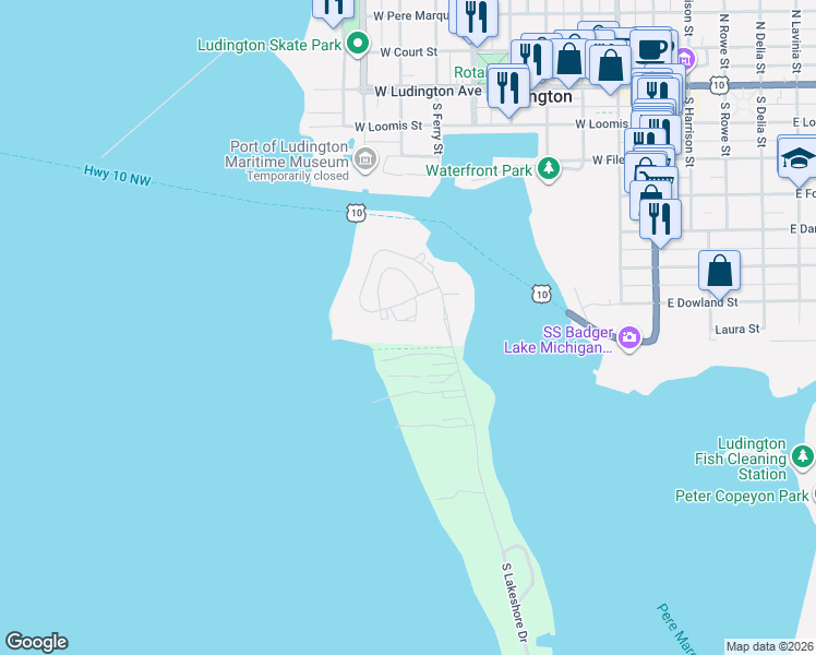 map of restaurants, bars, coffee shops, grocery stores, and more near 188 Harbor Drive in Ludington