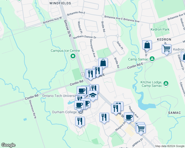 map of restaurants, bars, coffee shops, grocery stores, and more near 1969 Secretariat Place in Oshawa