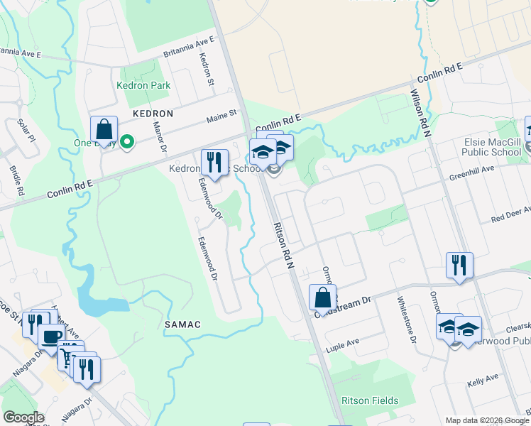 map of restaurants, bars, coffee shops, grocery stores, and more near 1896 Woodgate Court in Oshawa